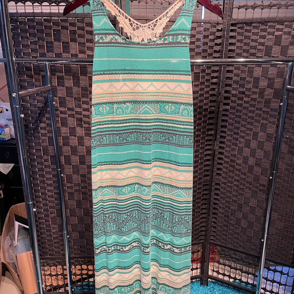 Mossimo supply co Aztec print maxi dress sundress teal aqua lace halter back